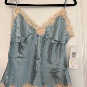 NEW Allison Taylor Women Large Ice Blue Cream 100% Silk Lace Beaded Camisole